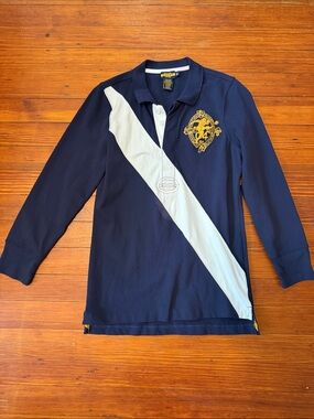 Polo by Ralph Lauren Navy Long-Sleeve Rugby Polo with White Sash & Gold Crest M